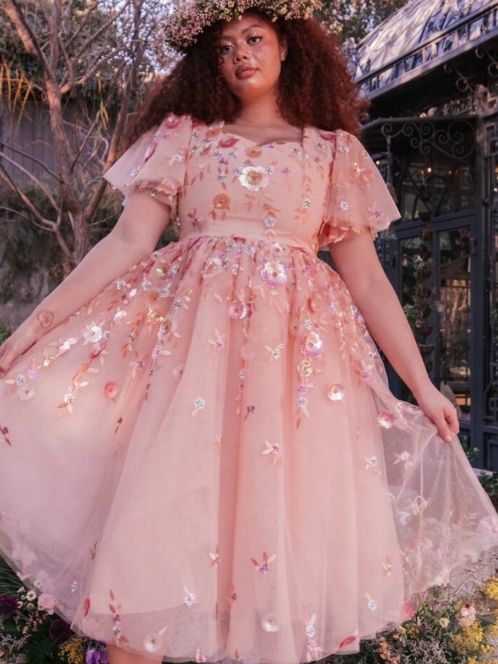 Jessake Evangeline Floral Sequin Tulle Flutter Sleeve Dress in Pink